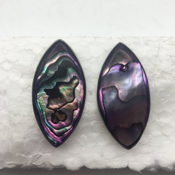 Vintage Alpaca Silver Genuine Purple Abalone Leaf Shape Stud Earrings Mexico 1" - Picture 2 of 12